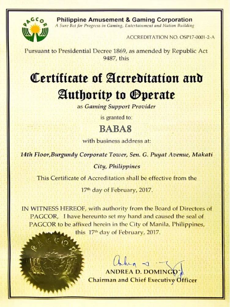 baba8 certificate, casino license